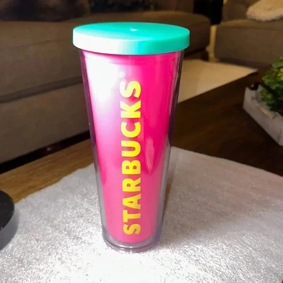 2014 Starbucks Coffee Co. Neon Pink Yellow Lettering Cold Cup Tumbler Venti 24oz - Picture 1 of 7